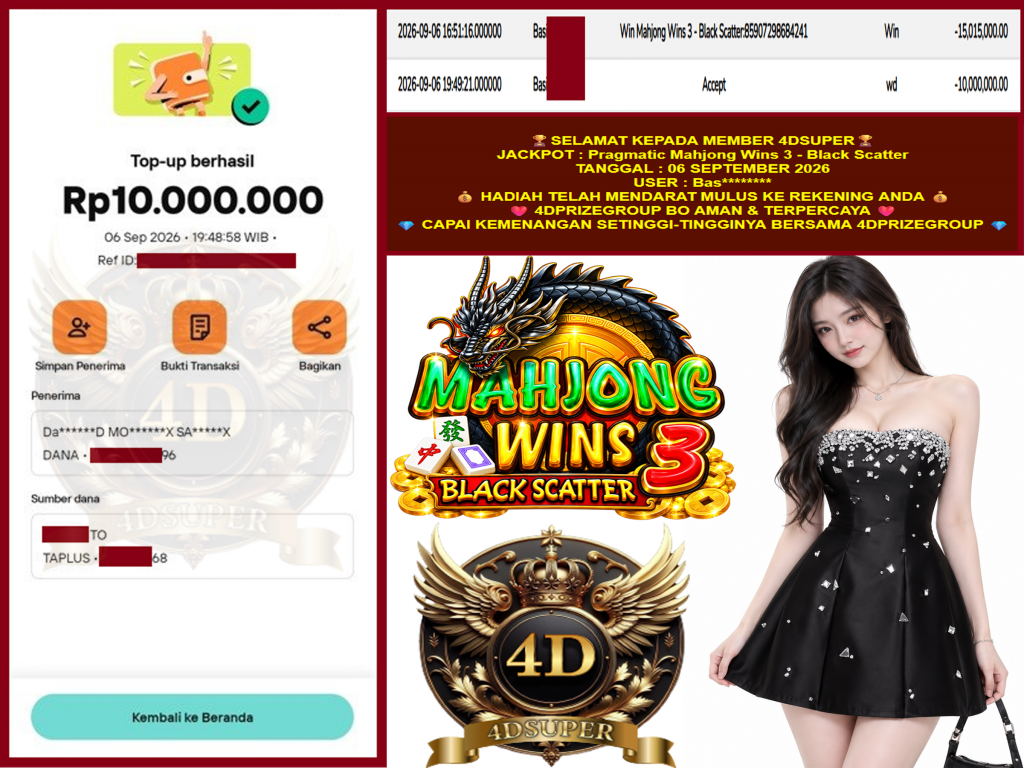 4DSUPER JACKPOT PRAGMATIC “Mahjong Wins 3 – Black Scatter” Rp.10.000.000,-LUNAS