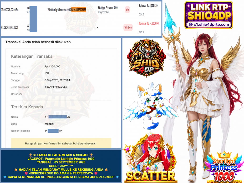 SHIO4DP JACKPOT PRAGMATIC “Starlight Princess 1000” Rp.1.200.000,-LUNAS