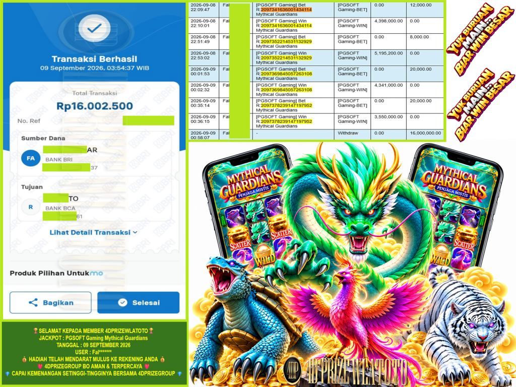 4DPRIZEWLATOTO JACKPOT PGSOFT Gaming “Mythical Guardians” Rp.16.000.000,-LUNAS
