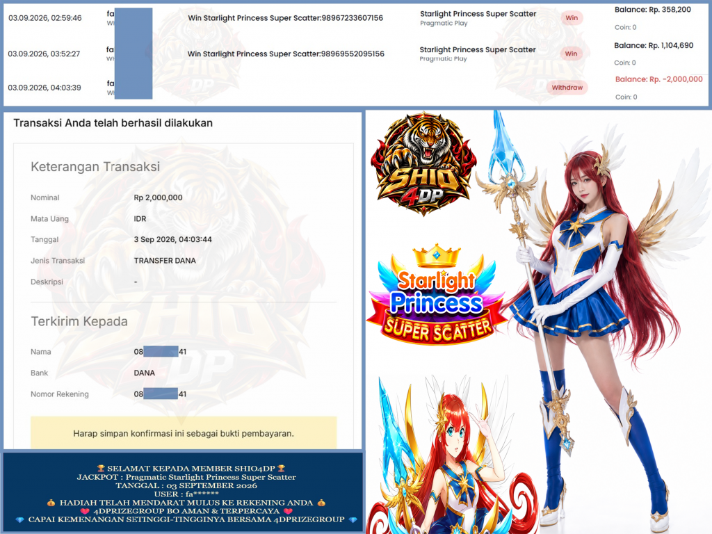 SHIO4DP JACKPOT PRAGMATIC “Starlight Princess Super Scatter” Rp.2.000.000,-LUNAS