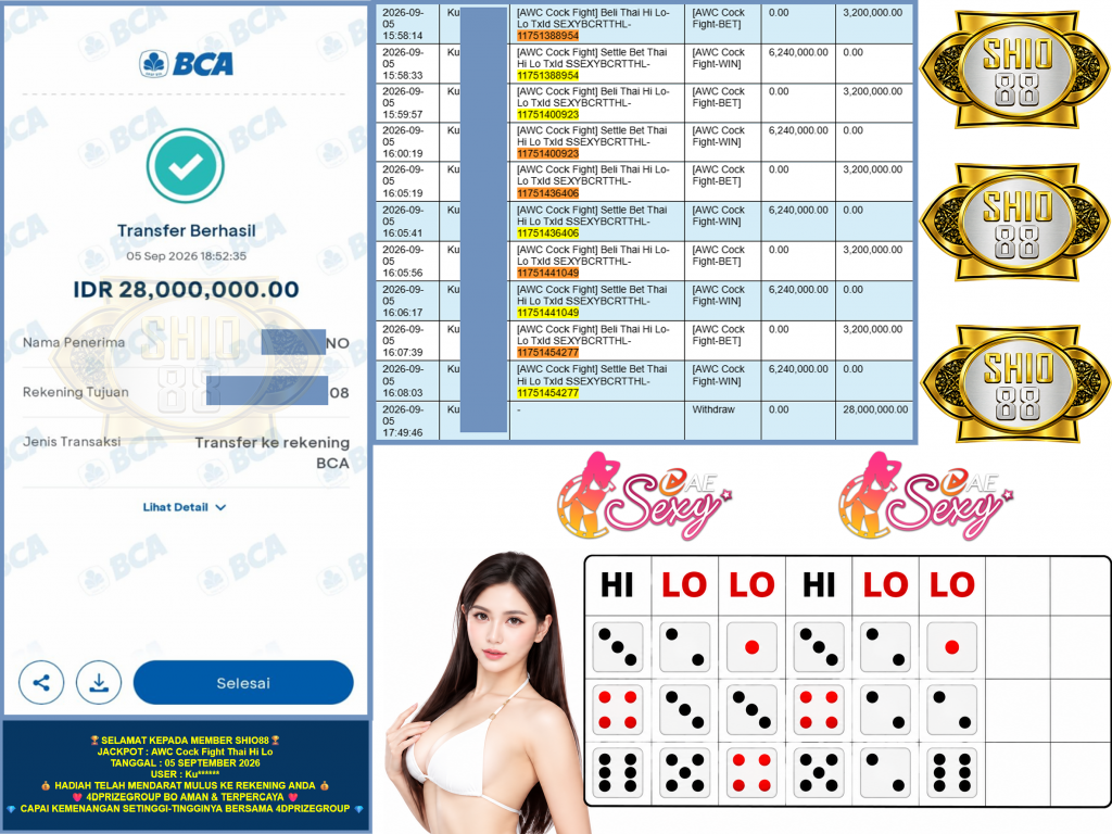 SHIO88 JACKPOTAWC Cock Fight Thai Hi Lo ‎‏‏‎Rp.28.000.000,- LUNAS