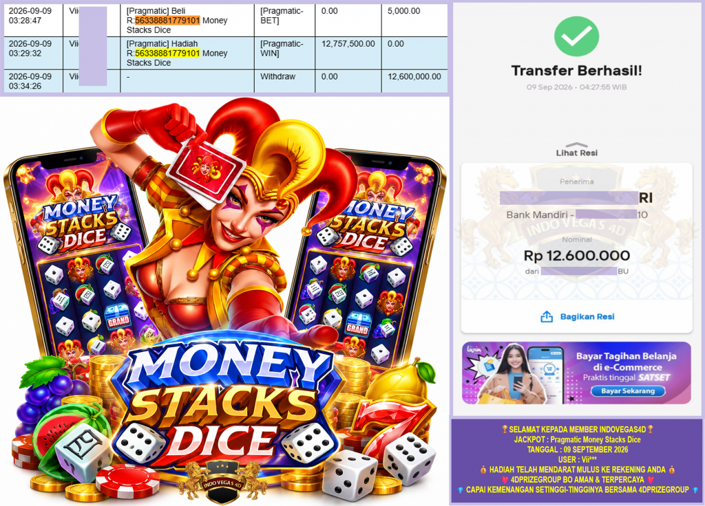 INDOVEGAS4D JACKPOT PRAGMATIC “Money Stacks Dice” Rp.12.600.000,-LUNAS