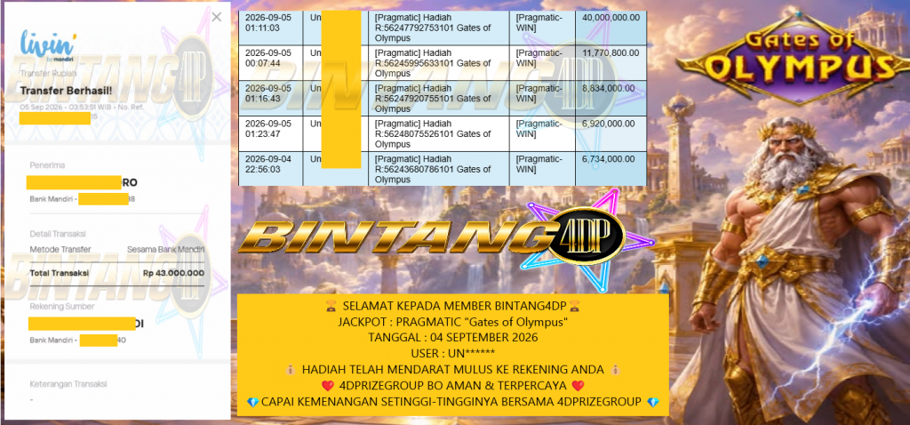 BINTANG4DP JACKPOT PRAGMATIC “Gates of Olympus 1000” Rp 10.000.000,- LUNAS