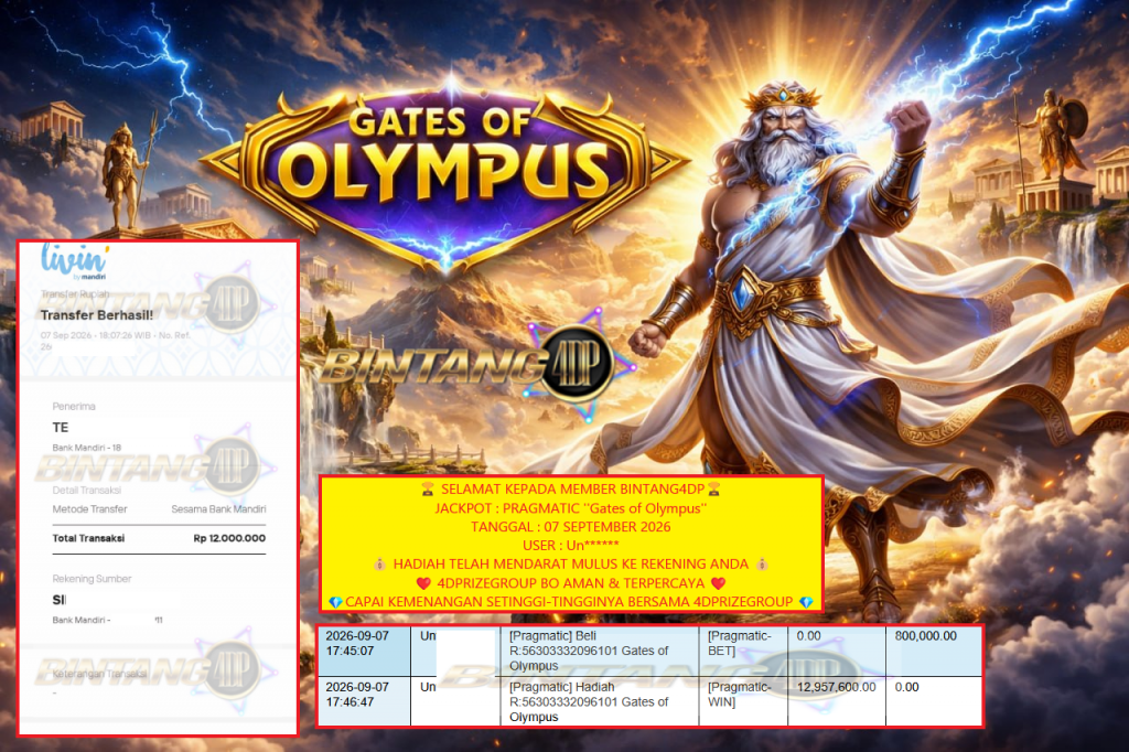 BINTANG4DP JACKPOT PRAGMATIC ”Gates of Olympus” Rp12.000.000,- LUNAS