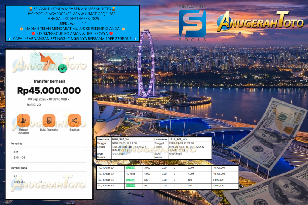 ANUGERAHTOTO JACKPOT SINGAPORE (SELASA & JUMAT OFF) “1853” Rp 50.000.000,- LUNAS