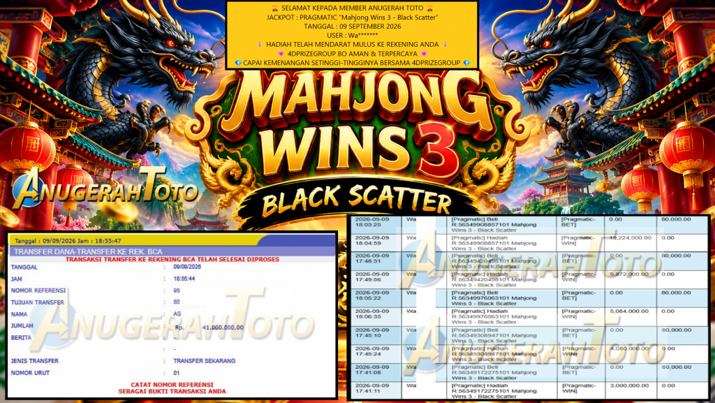 ANUGERAHTOTO JACKPOT : PRAGMATIC “Mahjong Wins 3 – Black Scatter” Rp 41.000.000,- LUNAS