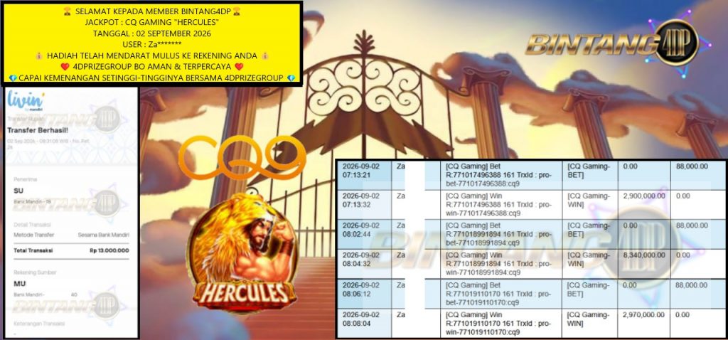 BINTANG4DP JACKPOT : CQ GAMING “HERCULES”‎‏‏‎‎ Rp13.000.000,- LUNAS
