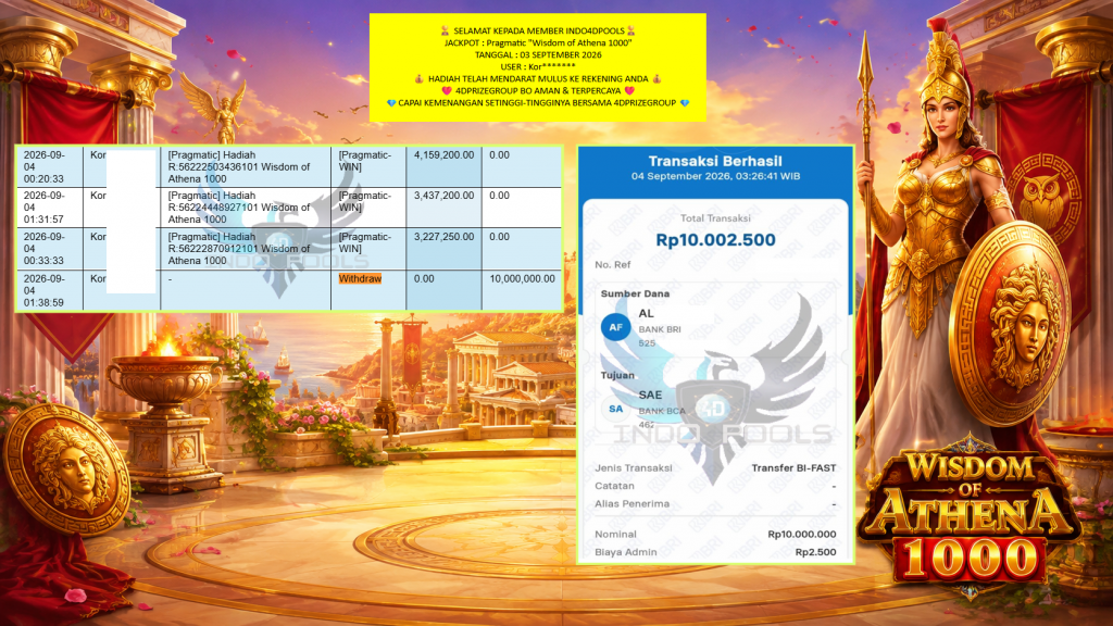 INDO4DPOOLS JACKPOT Pragmatic “Wisdom of Athena 1000” Rp10.000.000,- LUNAS
