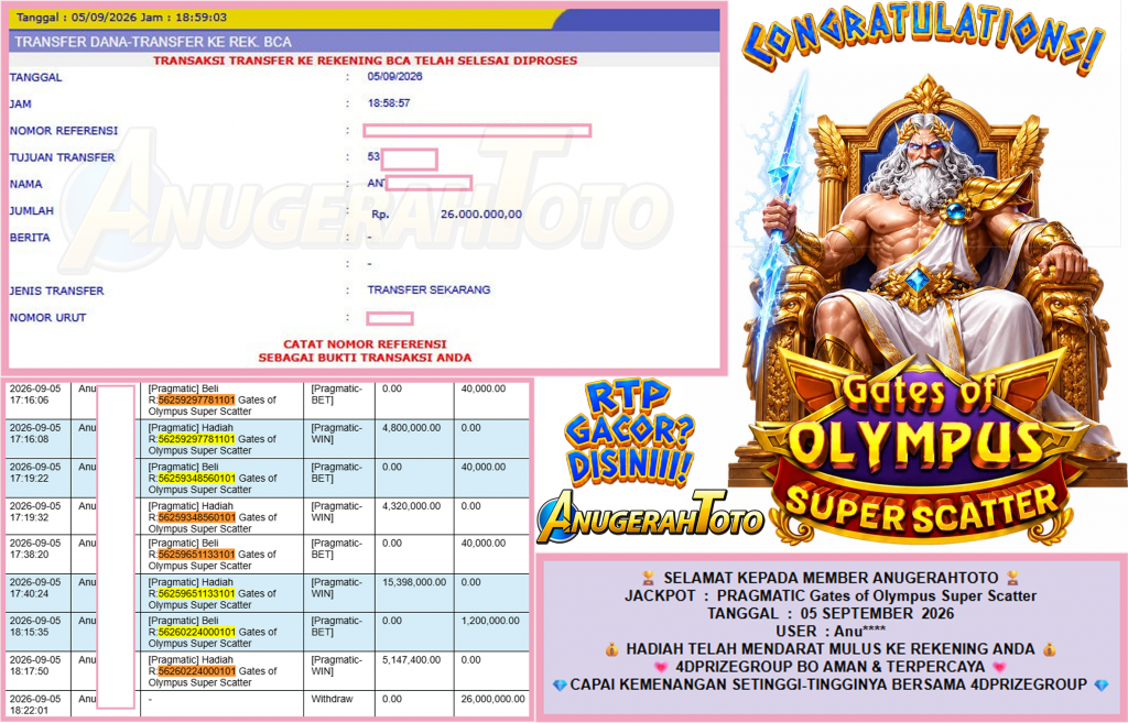ANUGERAHTOTO JACKPOT PRAGMATIC “Gates of Olympus Super Scatter” Rp26.000.000,- LUNAS