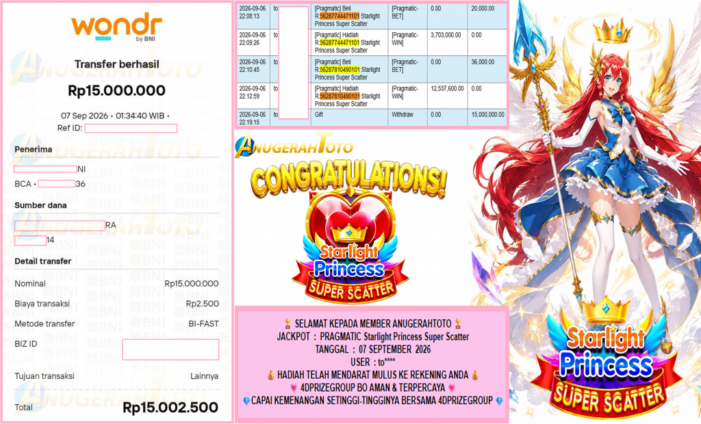 ANUGERAHTOTO JACKPOT PRAGMATIC “Starlight Princess Super Scatter” Rp15.000.000,- LUNAS