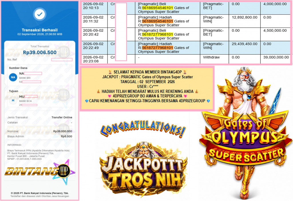 BINTANG4DP JACKPOT PRAGMATIC “Gates of Olympus Super Scatter” Rp39.000.000,- LUNAS