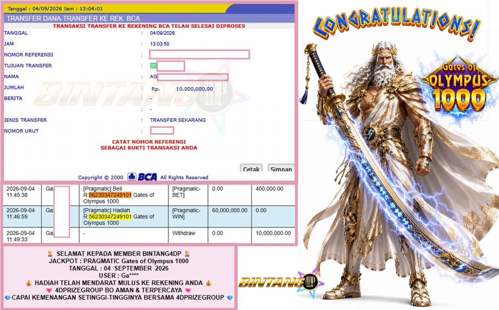 BINTANG4DP JACKPOT PRAGMATIC “Gates of Olympus 1000″‎‏‏‎‎ Rp60.000.000,- LUNAS