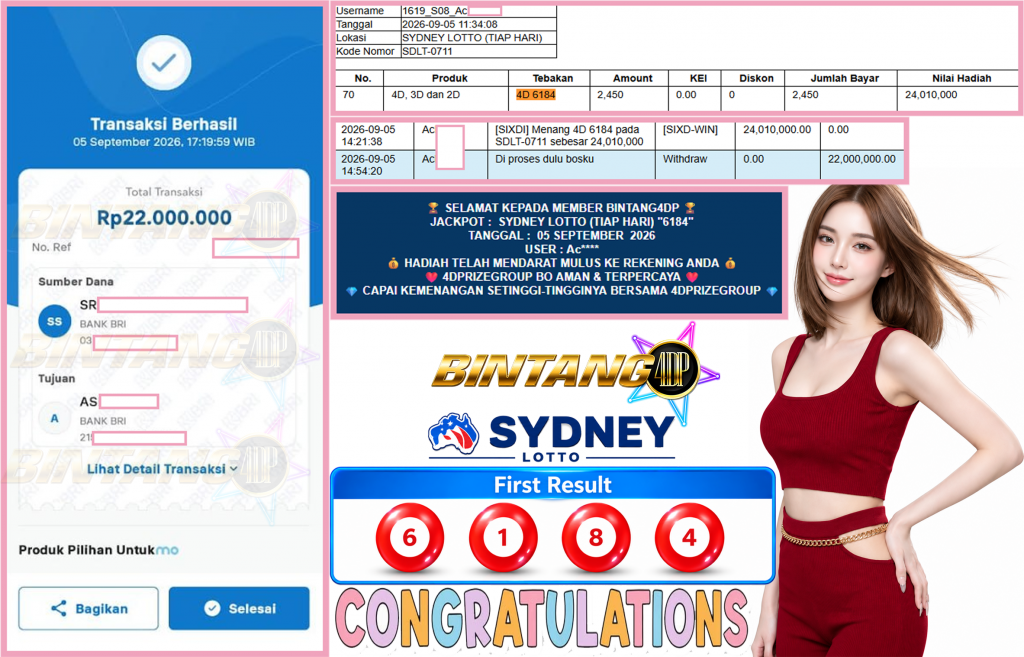 BINTANG4DP JACKPOT SYDNEY LOTTO (TIAP HARI) “6184” Rp22.000.000,- LUNAS