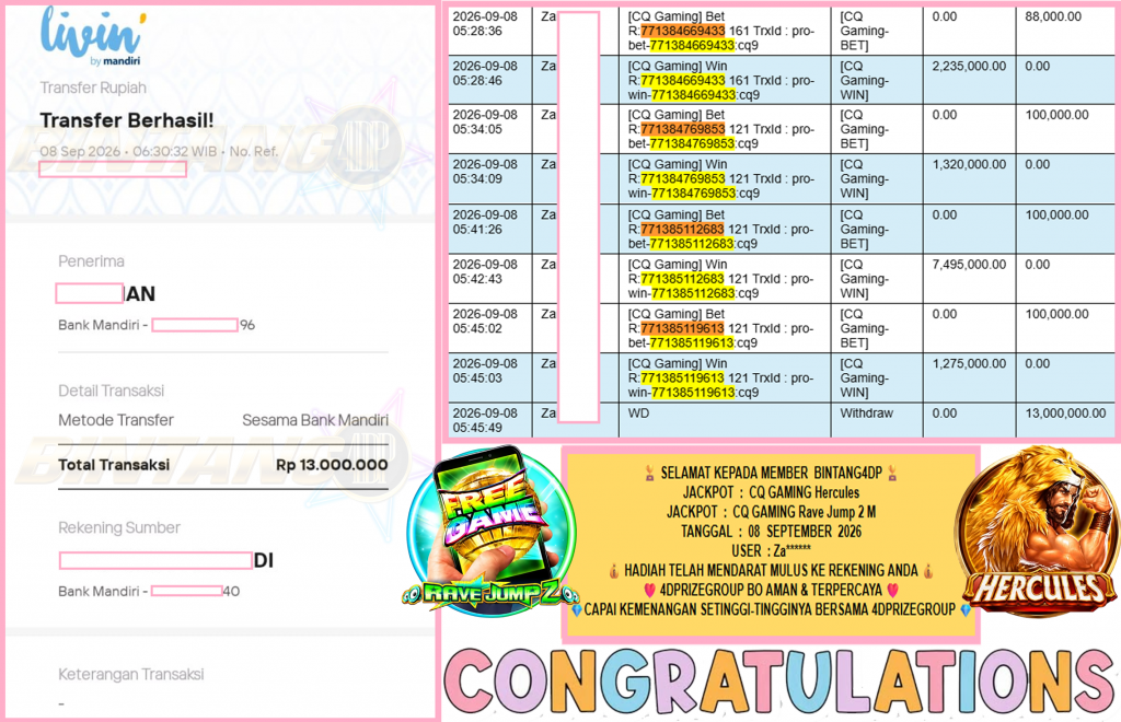 BINTANG4DP JACKPOT CQ GAMING “Hercules” & “Rave Jump 2 M” Rp,13.000.000,- LUNAS