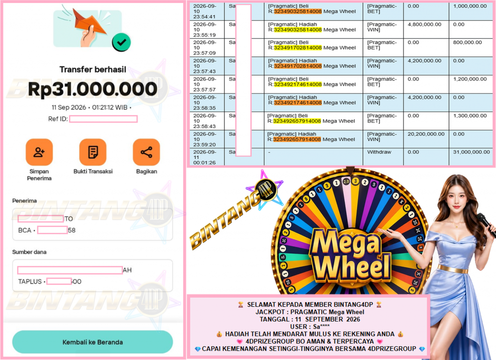 BINTANG4DP JACKPOT PRAGMATIC “Mega Wheel” Rp31.000.000,- LUNAS