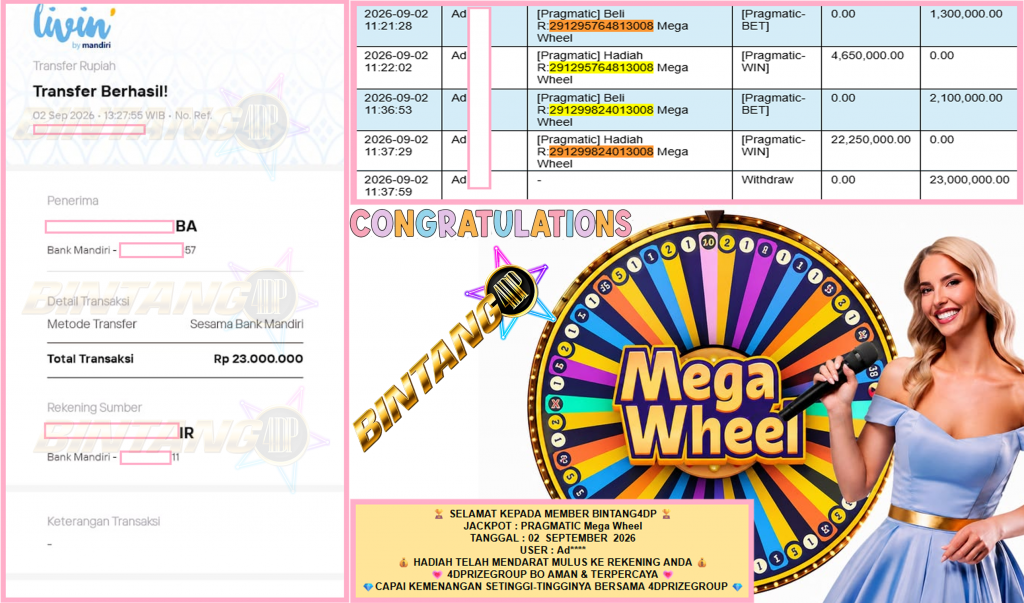 BINTANG4DP JACKPOT PRAGMATIC “Mega Wheel”‎‏‏‎‎ Rp23.000.000,- LUNAS