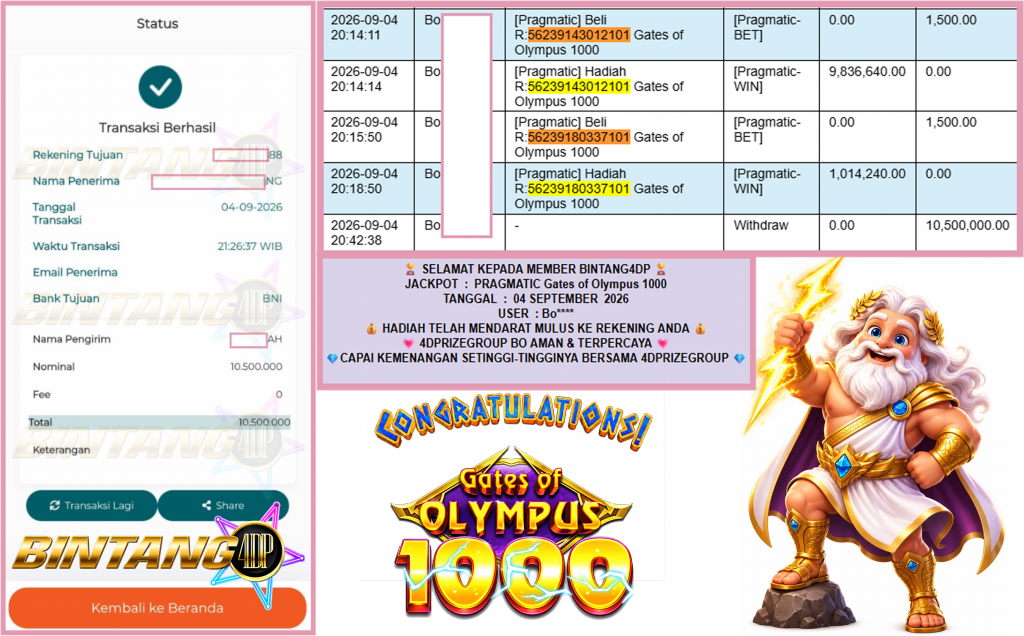 BINTANG4DP JACKPOT PRAGMATIC βGates of Olympus 1000β³βββββ Rp10.500.000,- LUNAS