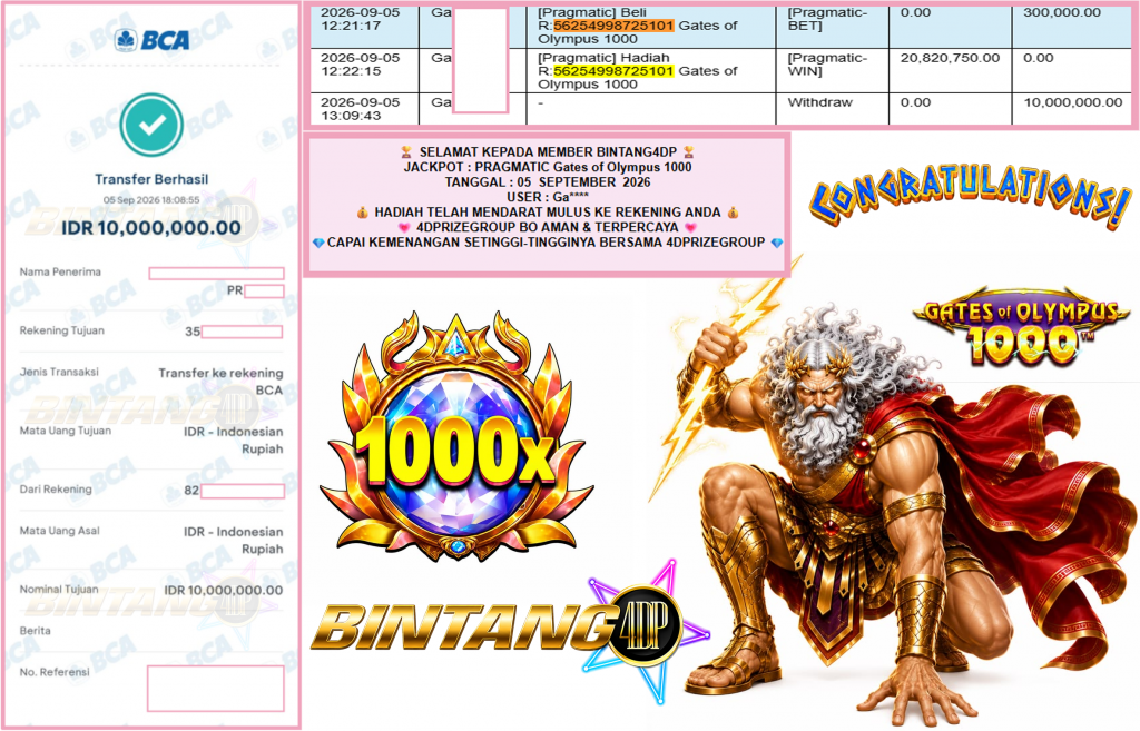 BINTANG4DP JACKPOT PRAGMATIC “Gates of Olympus 1000″ Rp10.000.000,- LUNAS