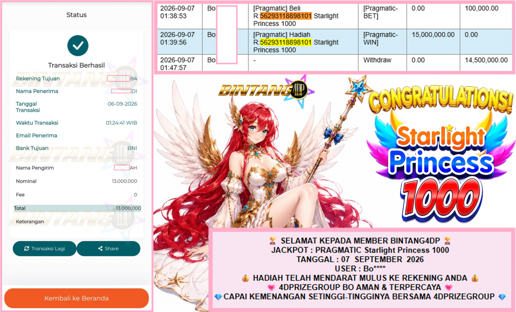 BINTANG4DP JACKPOT PRAGMATIC “Starlight Princess 1000″ Rp14.500.000,- LUNAS