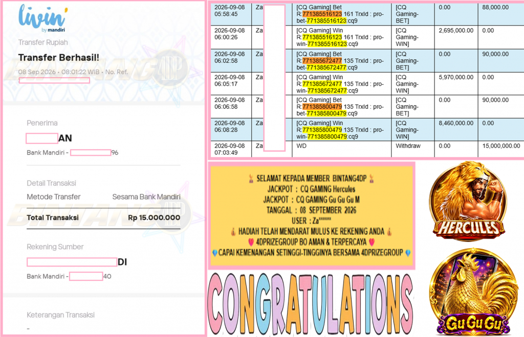 BINTANG4DP JACKPOT CQ GAMING “Hercules” & “Gu Gu Gu M” Rp,15.000.000,- LUNAS