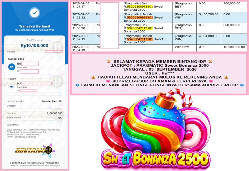 BINTANG4DP JACKPOT PRAGMATIC “Sweet Bonanza 2500″‎‏‏‎‎ Rp10.108.000,- LUNAS