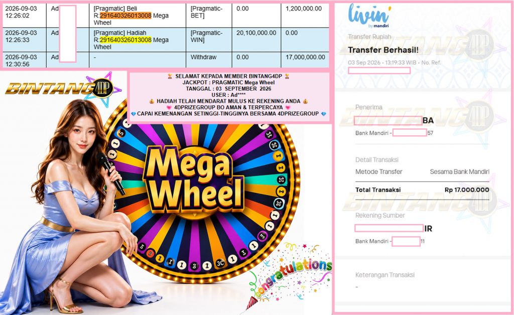BINTANG4DP JACKPOT PRAGMATIC “Mega Wheel”‎‏‏‎‎ Rp17.000.000,- LUNAS