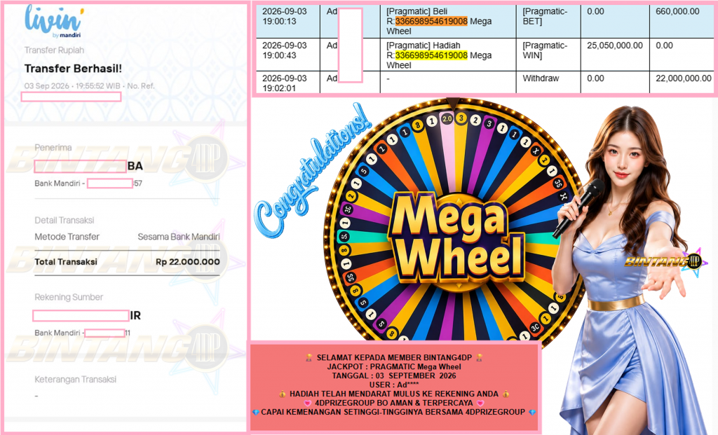 BINTANG4DP JACKPOT PRAGMATIC “Mega Wheel” Rp22.000.000,- LUNAS