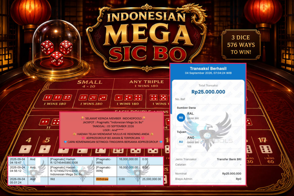 INDO4DPOOLS JACKPOT Pragmatic “Indonesian Mega Sic Bo” Rp25.000.000,- LUNAS