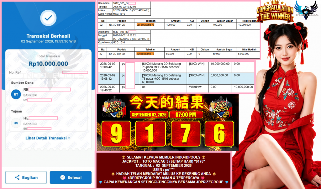 INDO4DPOOLS JACKPOT TOTO MACAU 3 (SETIAP HARI) “9176”‎‏‏‎ Rp10.000.000,- LUNAS
