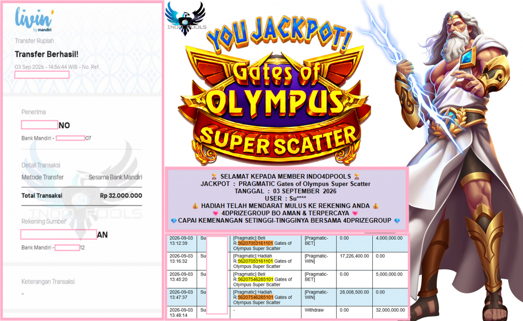 INDO4DPOOLS JACKPOT PRAGMATIC “Gates of Olympus Super Scatter”‎‏‏‎‎ Rp32.000.000,- LUNAS