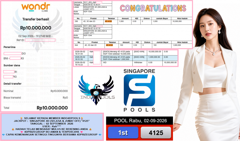 INDO4DPOOLS JACKPOT SINGAPORE 4D (SELASA & JUMAT OFF) “4125”‎‏‏‎ Rp10.000.000,- LUNAS