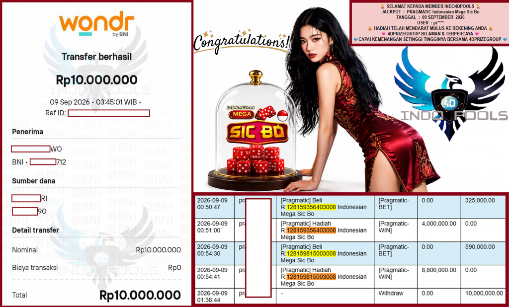 INDO4DPOOLS JACKPOT PRAGMATIC “Indonesian Mega Sic Bo” Rp10.000.000,- LUNAS