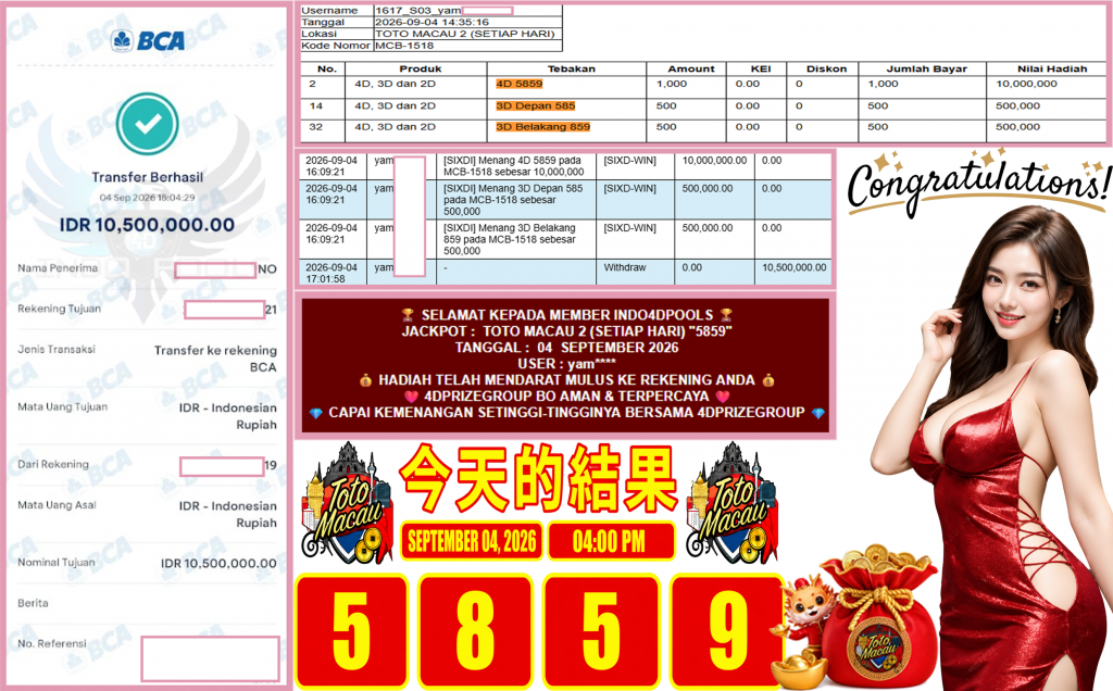 INDO4DPOOLS JACKPOT TOTO MACAU 2 (SETIAP HARI) β5859βββββ Rp10.500.000,- LUNAS