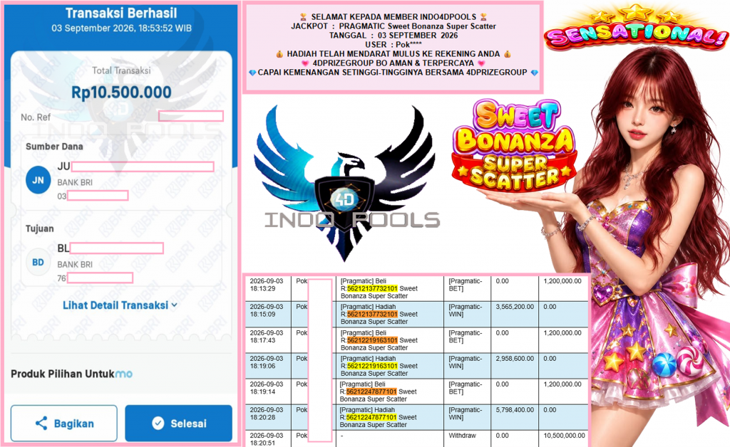 INDO4DPOOLS JACKPOT PRAGMATIC “Sweet Bonanza Super Scatter” Rp10.500.000,- LUNAS