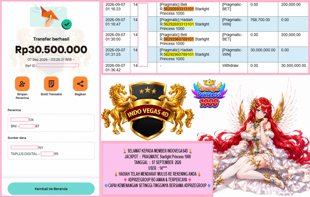 INDOVEGAS4D JACKPOT PRAGMATIC “Starlight Princess 1000″ Rp30.500.000,- LUNAS
