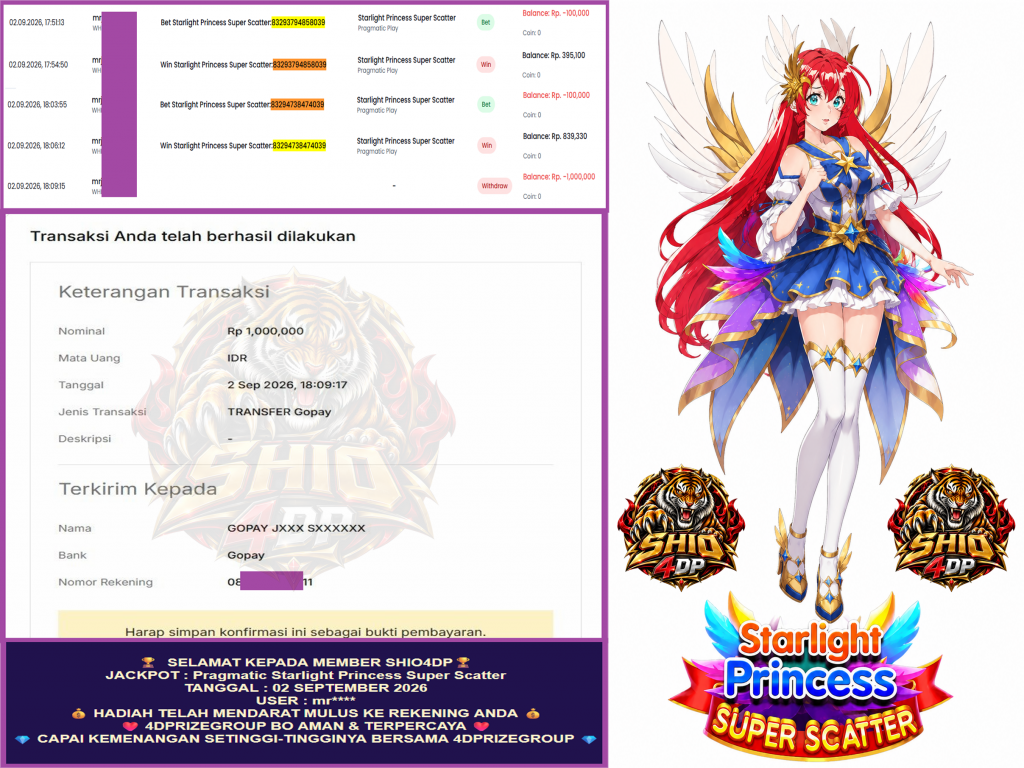 SHIO4DP JACKPOT PRAGMATIC “Starlight Princess Super Scatter” Rp.1.000.000,-LUNAS