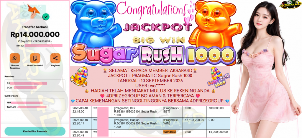 AKSARA4D JACKPOT PRAGMATIC ” Sugar Rush 1000 ” Rp 14,000,000,- LUNAS